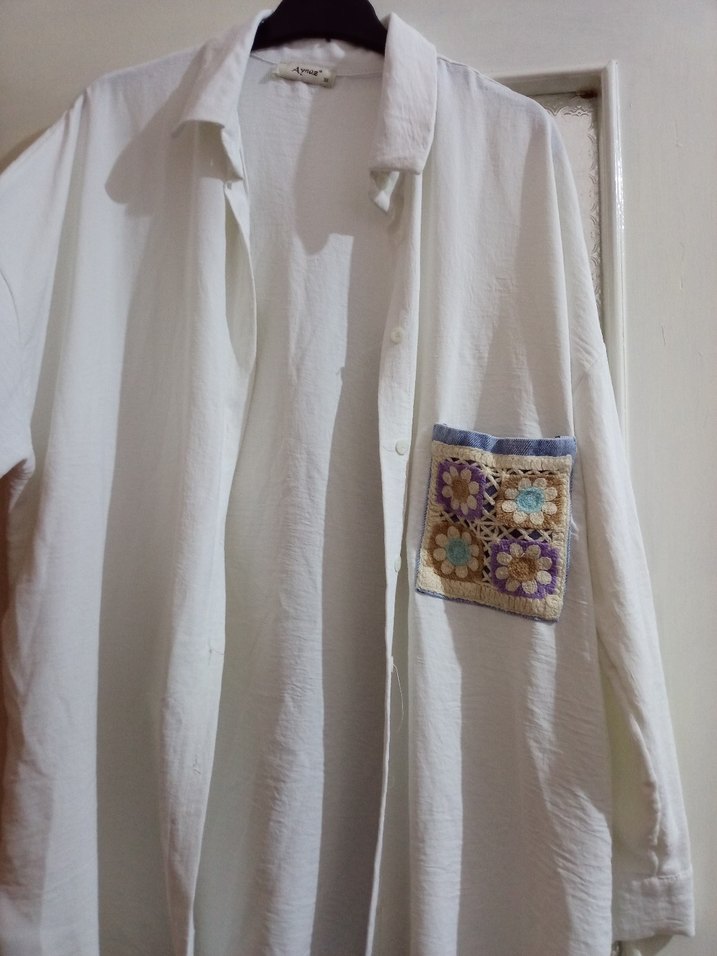 Nakışlı Cepli Uzun Kollu Beyaz Keten Gömlek - Görsel 5