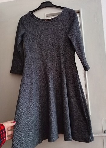 Gri Midi Uzun Kollu Piliseli Kadın Elbise - Görsel 2