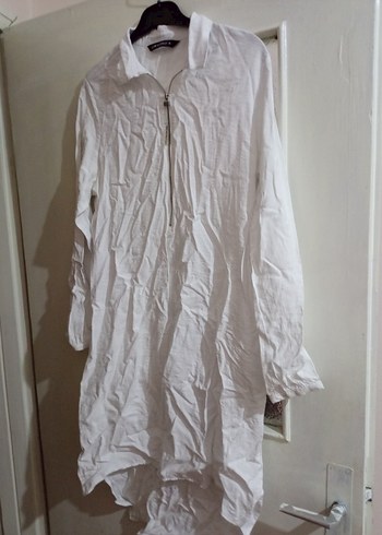 Beyaz Uzun Kollu Keten Gömlek Midi Boy - Görsel 5