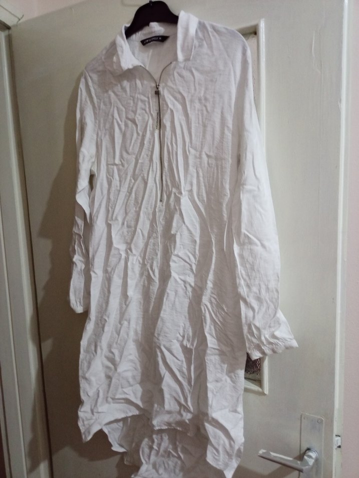 Beyaz Uzun Kollu Keten Gömlek Midi Boy - Görsel 5