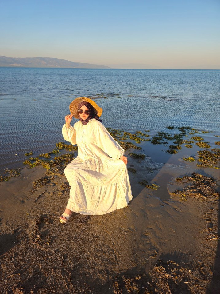 Uzun Beyaz Bohem Keten Elbise - Görsel 3