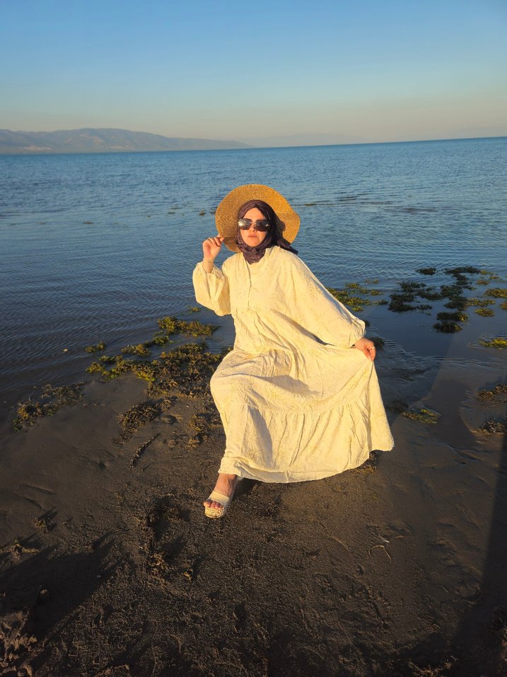 Uzun Beyaz Bohem Keten Elbise - Görsel 4