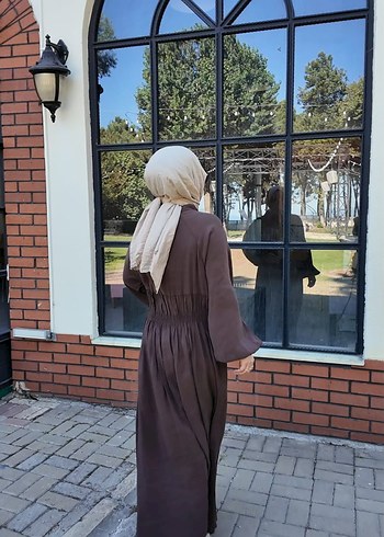 beli buzgulu Uzun Kahverengi Kadın Elbise - Görsel 3