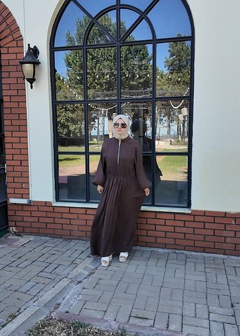 beli buzgulu Uzun Kahverengi Kadın Elbise - Görsel 2