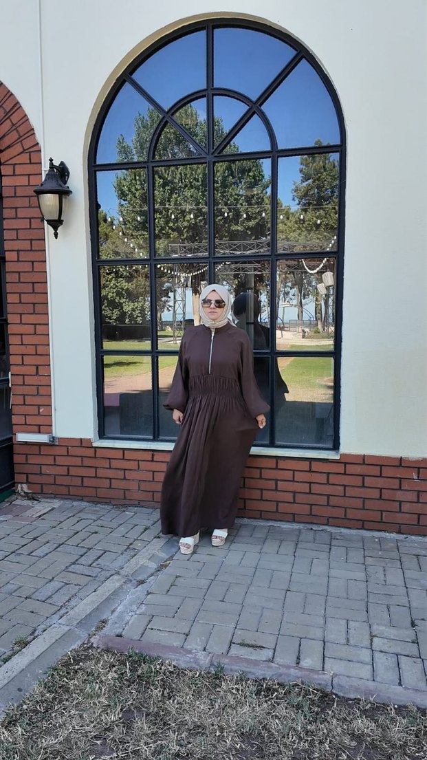 beli buzgulu Uzun Kahverengi Kadın Elbise - Görsel 2