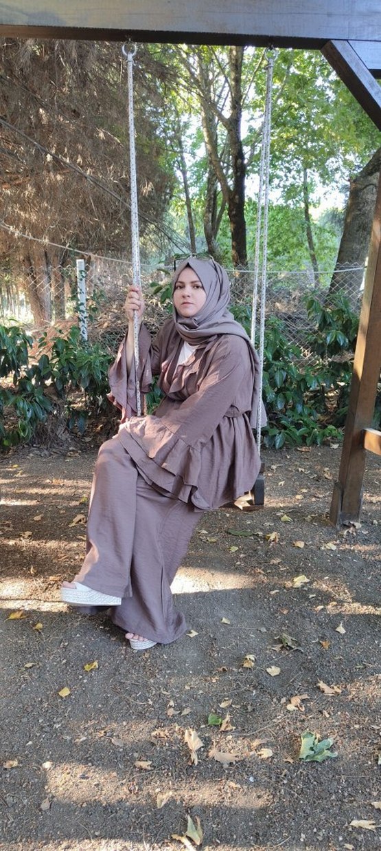 Drapeli Bol Kesim Kadın Takım Kahverengi - Görsel 3