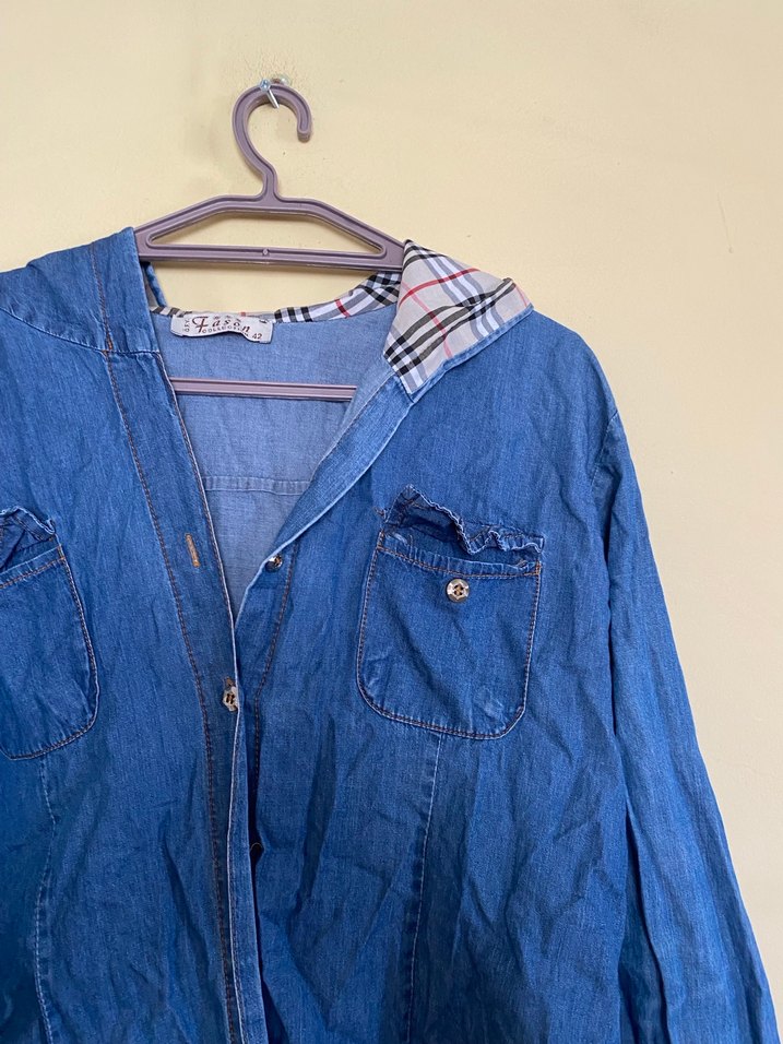 Düğmeli Mavi Kadın Denim Gömlek - Görsel 2