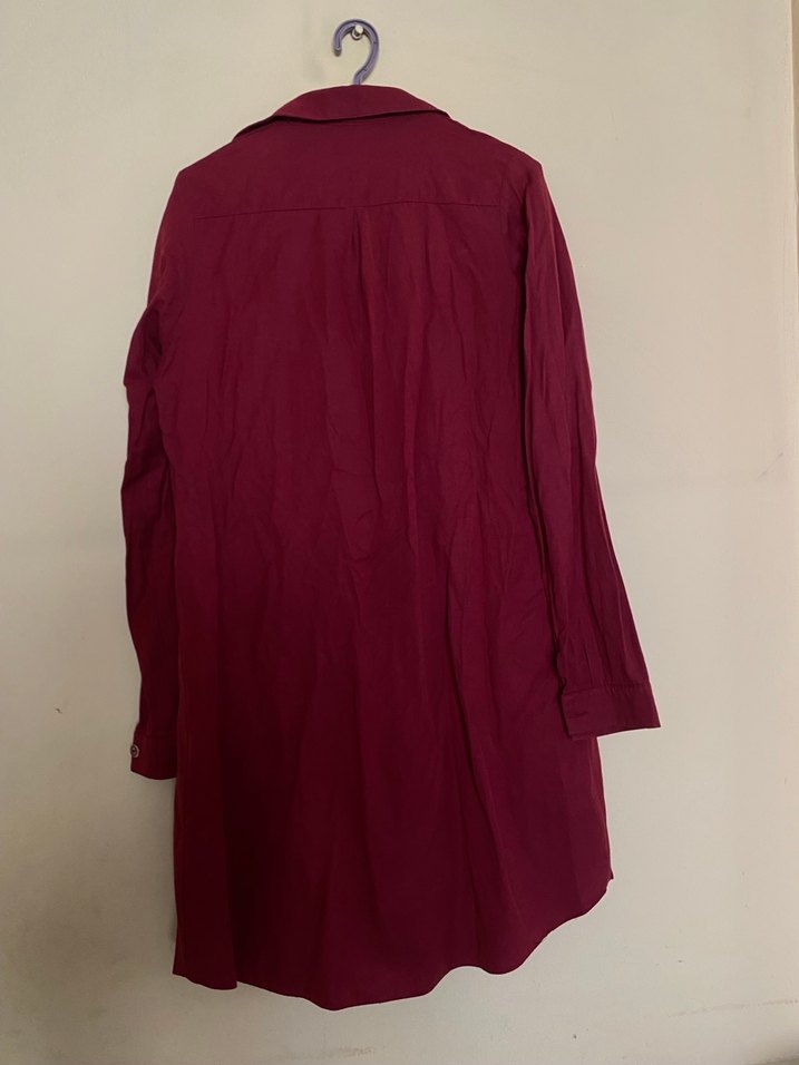 Bordo Düğmeli Uzun Kollu Keten Gömlek - Görsel 3