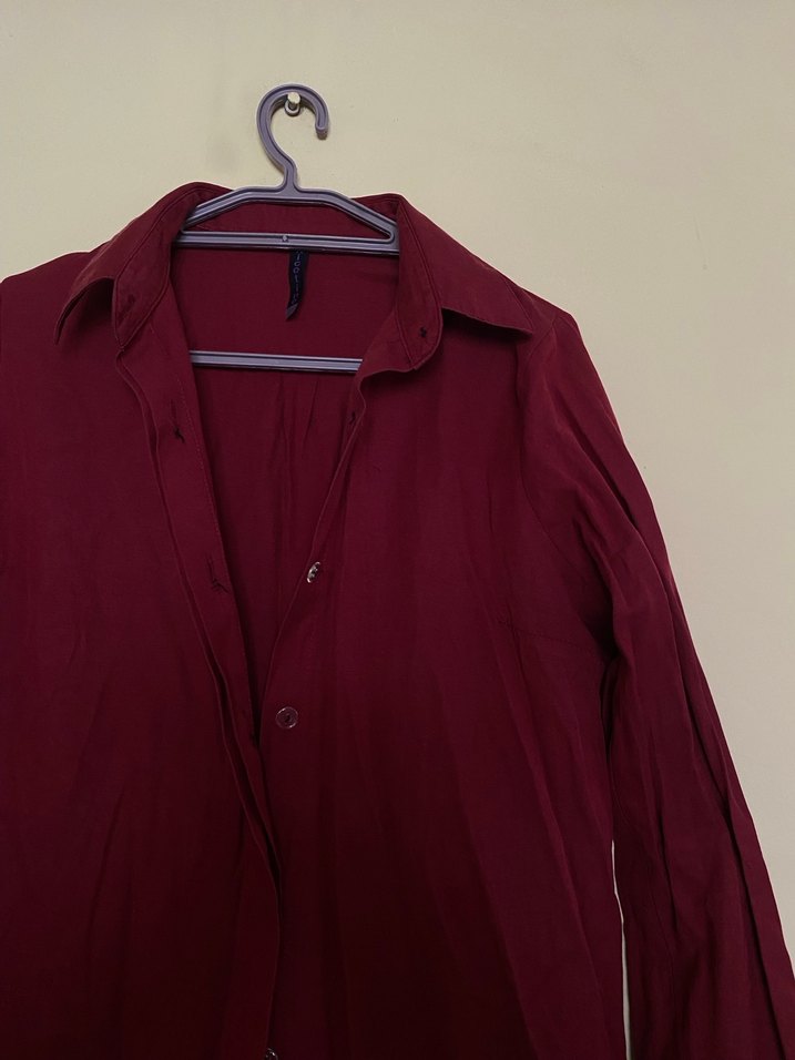 Bordo Düğmeli Uzun Kollu Keten Gömlek - Görsel 2