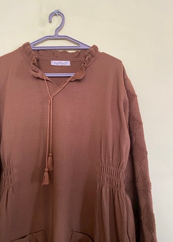 Kahverengi Bohem Uzun Keten Elbise - Görsel 2