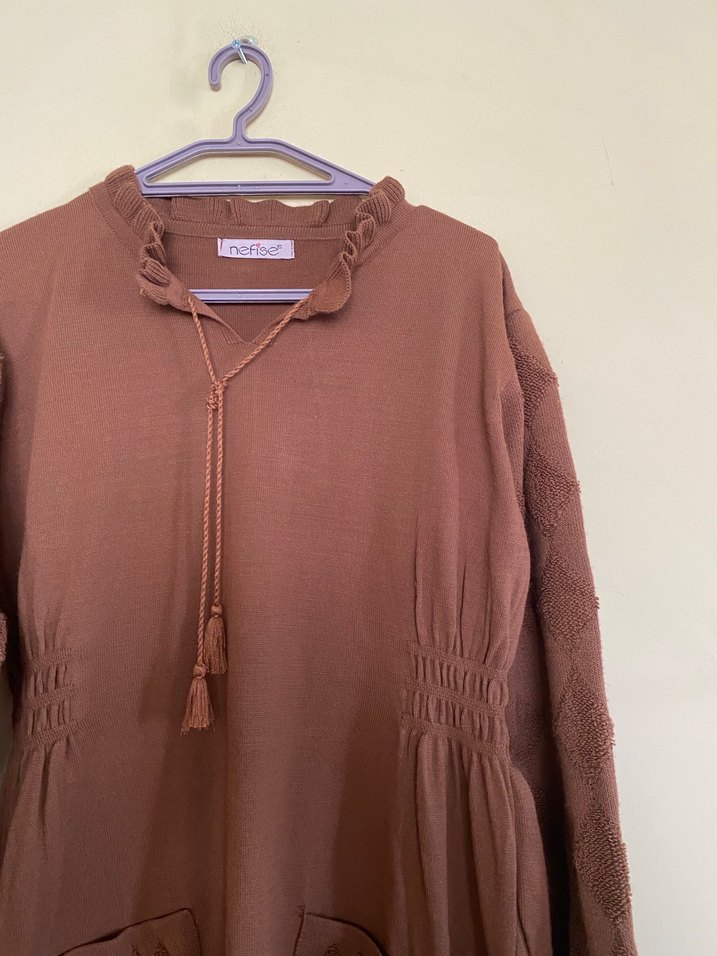 Kahverengi Bohem Uzun Keten Elbise - Görsel 2