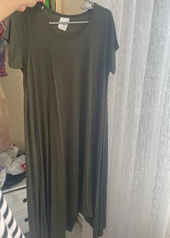 xxl Beden Dökümlü Salaş Kısa Kollu Haki Elbise