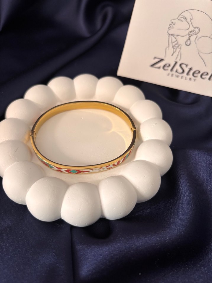 Renkli Desenli Altın Renk kelepçe bileklik - Görsel 3