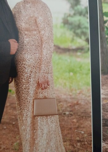 Bej Parlak Yılan Desenli Uzun Kadın Elbise - Görsel 2