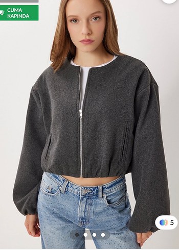 Gri Yüksek Yakalı Fermuarlı Kadın Ceket - Görsel 2
