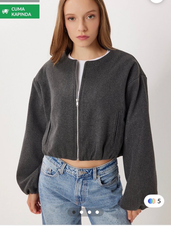 Gri Yüksek Yakalı Fermuarlı Kadın Ceket - Görsel 2