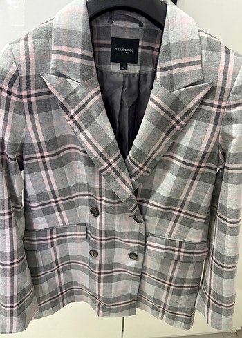 Gri Ekose Düğmeli Kadın Blazer Ceket