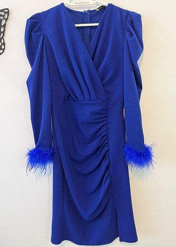 Uzun Kollu Mavi Kürklü Abiye Elbise - Görsel 4