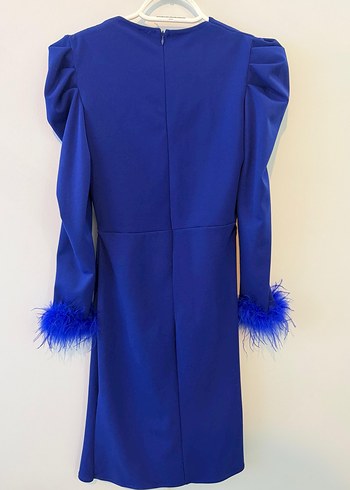 Uzun Kollu Mavi Kürklü Abiye Elbise - Görsel 2