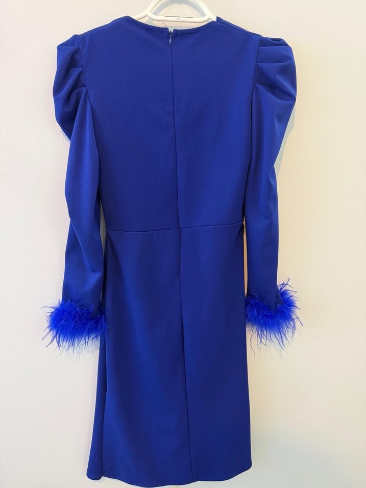 Uzun Kollu Mavi Kürklü Abiye Elbise - Görsel 2