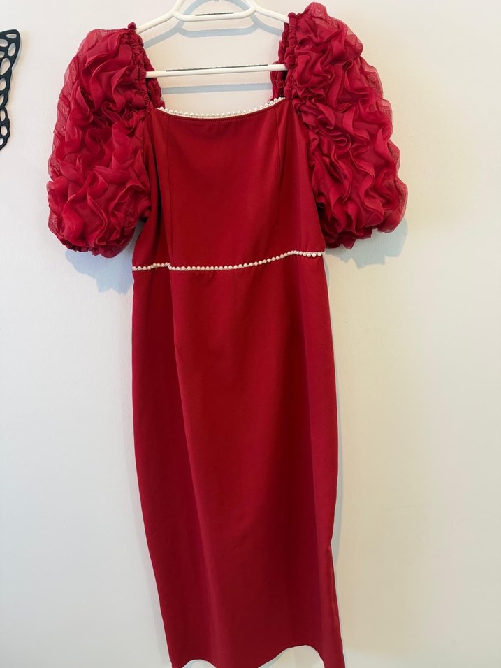 Bordo Uzun Kollu Fırfırlı Abiye Söz elbisesi - Görsel 3