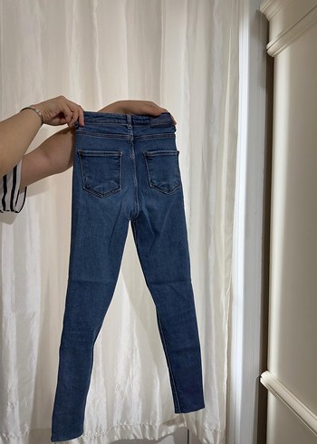 s Beden Kadın Mavi Kemerli Dar Kesim Denim Pantolon