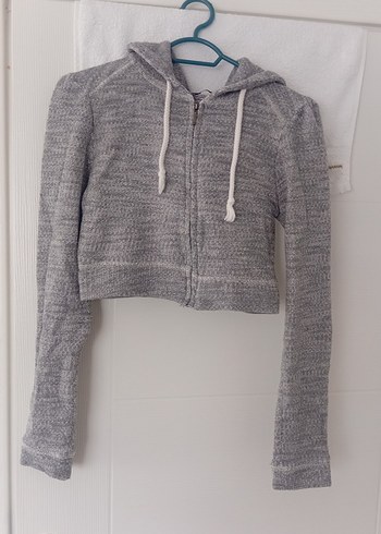 Gri Kapüşonlu Örgü Kadın Sweatshirt