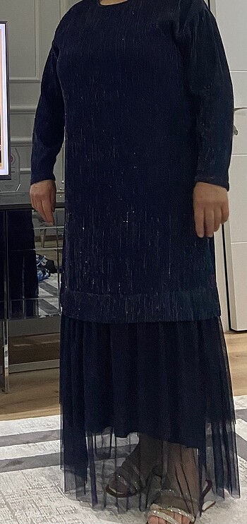 Alvina Lacivert simli büyük beden elbise. 48 beden