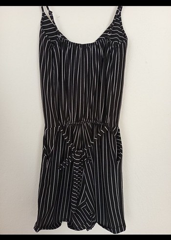 Çizgili Siyah Kadın Askılı Tulum - Görsel 2