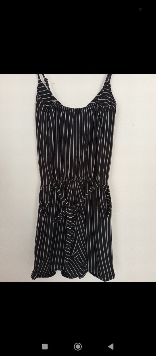 Çizgili Siyah Kadın Askılı Tulum - Görsel 2