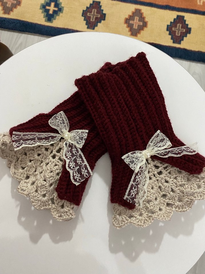 Bordo Dantelli Örgü Kadın Eldiven - Görsel 3