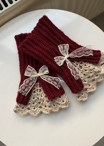 Bordo Dantel Detaylı Örgü Kadın Eldiveni - Görsel 2