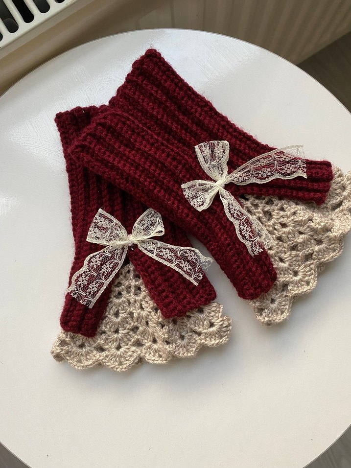 Bordo Dantel Detaylı Örgü Kadın Eldiveni - Görsel 2