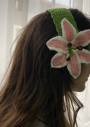 Pembe Çiçekli Örgü Bohem Saç Bandı - Görsel 4