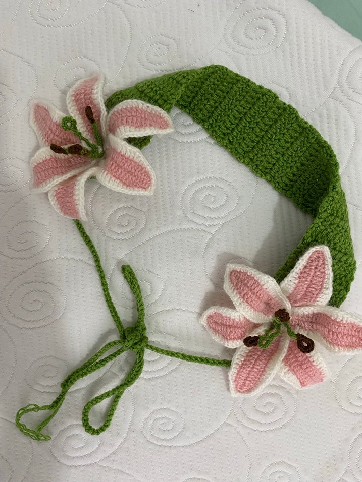 Pembe Çiçekli Örgü Bohem Saç Bandı - Görsel 2