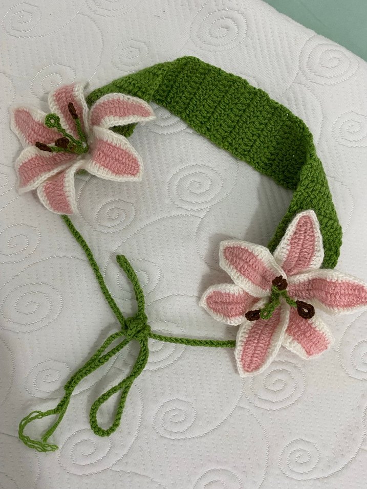 Pembe Çiçekli Örgü Bohem Saç Bandı - Görsel 3