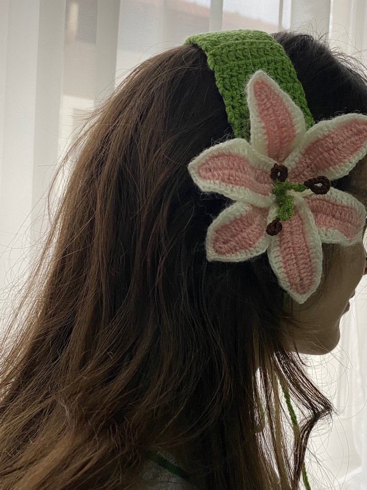 Pembe Çiçekli Örgü Bohem Saç Bandı - Görsel 4