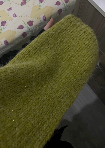 Kadın Simli Fıstık Yeşili Örgü Şal - Görsel 10