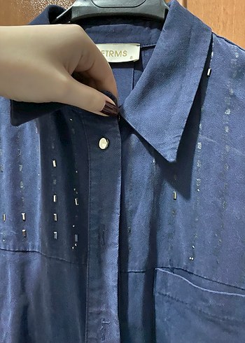 Düğmeli Lacivert Denim Kadın Gömlek - Görsel 5