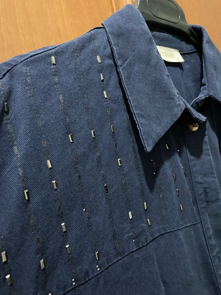 Düğmeli Lacivert Denim Kadın Gömlek - Görsel 4