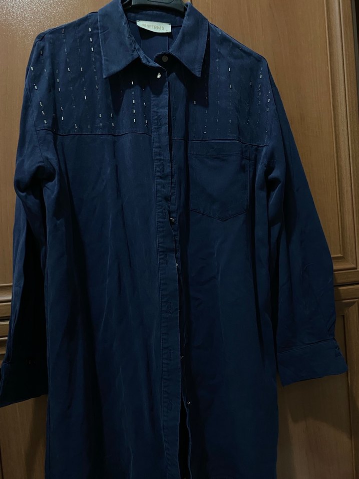 Düğmeli Lacivert Denim Kadın Gömlek - Görsel 2