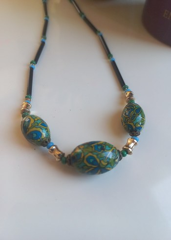 Uzun Turkuaz Boncuklu Desenli Bohem Kolye - Görsel 3
