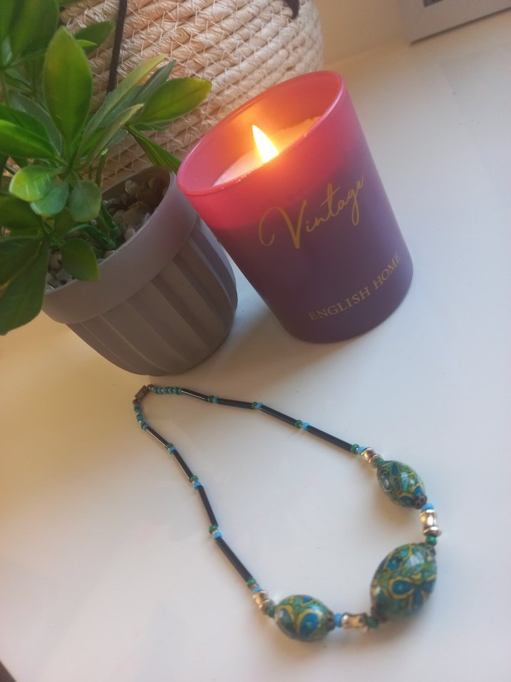 Uzun Turkuaz Boncuklu Desenli Bohem Kolye - Görsel 2