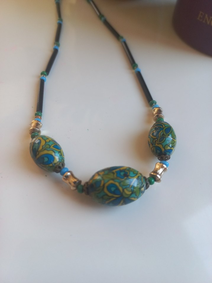 Uzun Turkuaz Boncuklu Desenli Bohem Kolye - Görsel 3