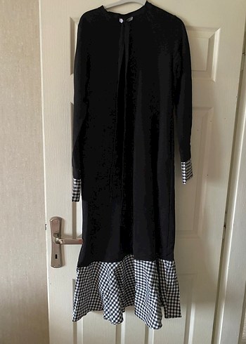 Kemerli Siyah Ekose Uzun Elbise - Görsel 2