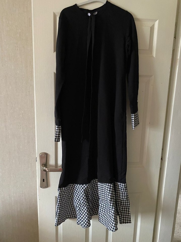 Kemerli Siyah Ekose Uzun Elbise - Görsel 2