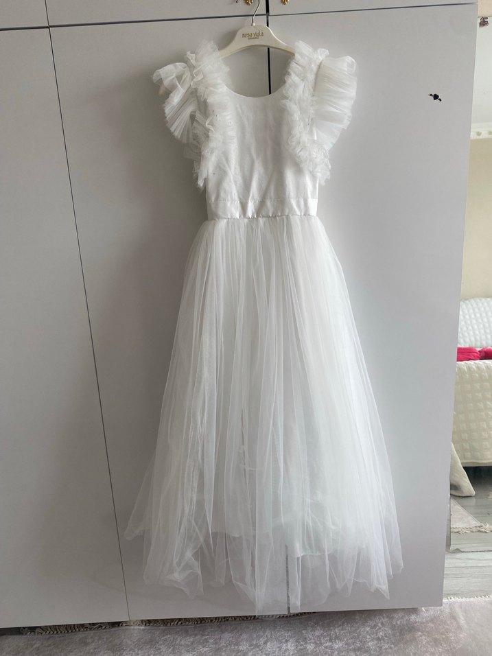 Beyaz Nakışlı Kız Çocuk Elbisesi gelinlik - Görsel 5