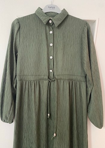 Düğmeli Haki Uzun Keten Elbise - Görsel 8