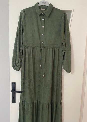 Düğmeli Haki Uzun Keten Elbise - Görsel 2