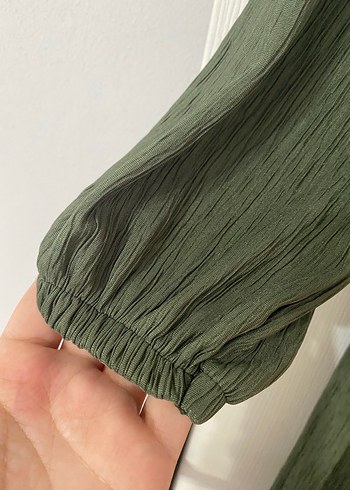 Düğmeli Haki Uzun Keten Elbise - Görsel 6